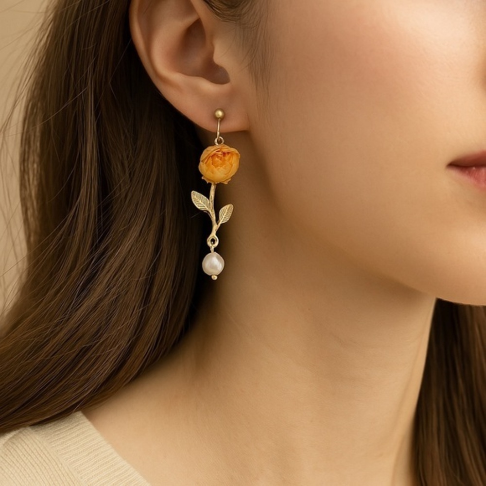 Boho Floral Dried Flower‎ Earrings Real Rosebud Gold Pearl Drop Nature Jewelry